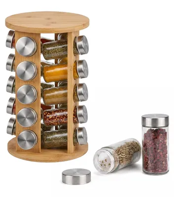 Produktbild von Relaxdays Gewürzkarussell, 20 Gewürzgläser, 360° drehbarer Gewürzständer, H x D: 32 x 19 cm, Bambus, Gewürzregal, natur