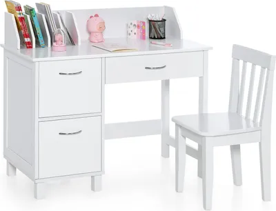 Produktbild von COSTWAY Kinderschreibtisch Set, Schülerschreibtisch mit Stuhl, Regal, Ablage & Aufbewahrungsschrank, Schreibtisch Kindertisch, Weiß