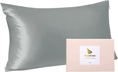 Produktbild von Seidenkissenbezüge, 22 Momme, mit Reißverschluss & Geschenkbox. Weicher, atmungsaktiver Seidenkissenbezug in Grau, 40x80 cm
