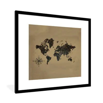 Obrázok produktu pre MuchoWow® Zarámovaný plagát Mapa sveta - Zlato - Kompas 40x40 Nástenný plagátový rám Fotky