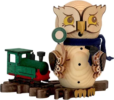 Zdjęcie produktu dla Warsztat tokarski Kuhnert – figurki do wędzenia – Sowa z kolejką – drewniane sowy – ok. 15 cm – 37243