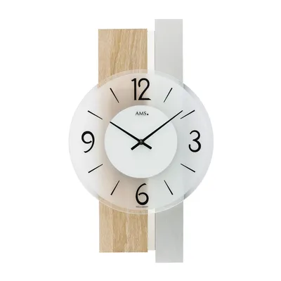 Produktbild von AMS 9554 Wanduhr Quarz analog silbern modern Holz Sonoma Optik mit Glas