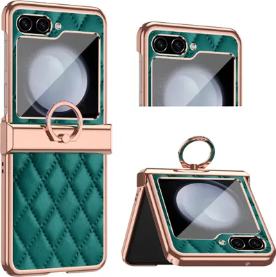 Image de Etui pour Samsung Galaxy Z Flip 5 Etui en cuir galvanisé de luxe avec porte-anneau et protection de la charnière vert