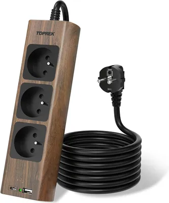 Imagen del producto de Regleta de enchufes - Triple - 2300W/10A - Enchufe múltiple con USB - Montaje en pared - Extensión de corriente - Cable de 1.5 metros