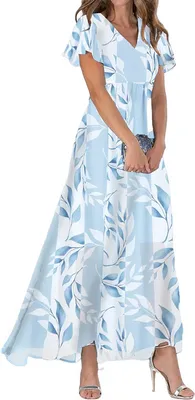 Produktbild von ASKSA Damen Sommerkleid Blumendruck Lang Ruesche Kurzarm V Ausschnitt Strandkleider Boho Beach Midikleid Freizeitkleid (Aquablau,M)