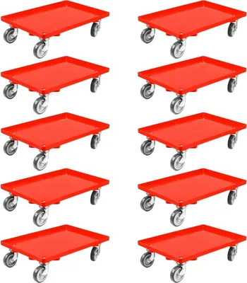 Produktbild von SparSet 10x Transportroller für Euroboxen 60x40cm mit Gummiräder rot | Geschlossenes Deck | 2 Lenkrollen & 2 Bockrollen | Traglast 300kg | Kistenroller Logistikroller Rollwagen Profi-Fahrgestell