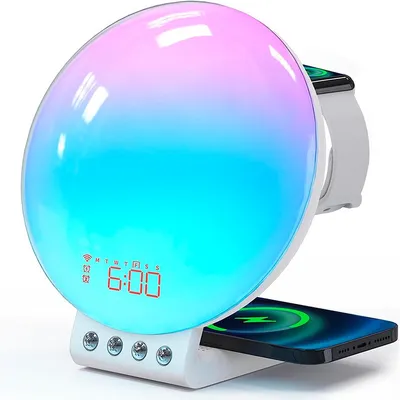 Produktbild von 3-in-1 Wireless Ladegerät mit Sunrise Wecker,15 Naturgeräusche + 7 Wecktöne,Nachtlicht&Weißrausch,Dual-Alarm,App- & Sprachsteuerung,15W Schnellladung