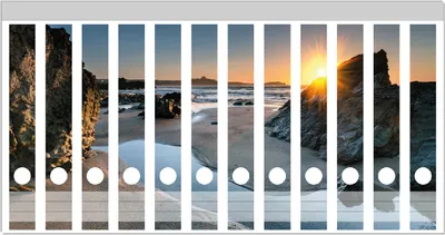 Produktbild von Wallario Ordnerrücken Sticker, selbstklebend für schmale Ordner, 12 Stück, Motiv Sonnenuntergang hinter einem Felsen am Strand
