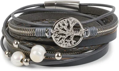 Produktbild von styleBREAKER Wickelarmband mit Perlen, Ketten, Flecht Element und Lebensbaum Anhänger, Magnetverschluss, Armband, Damen 05040070
