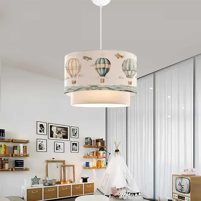 Image de Suspension pour enfants 'Lurgan' réglable en hauteur avec motif de montgolfière Abat-jour en tissu blanc