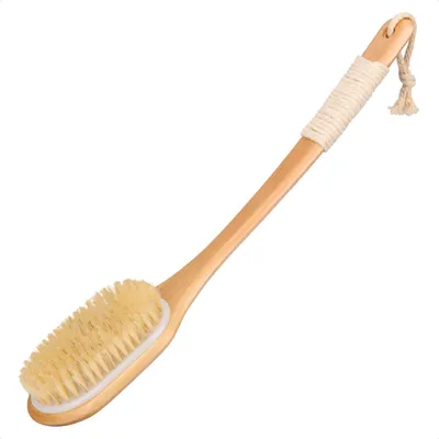 Image de Brosse pour le dos, brosse pour le corps, brosse de douche, brosse de bain en bois de 44,5 cm de long avec un long manche, brosse de douche à poils naturels, longue brosse sèche pour exfolier, éliminer les cellules mortes et la cellulite.