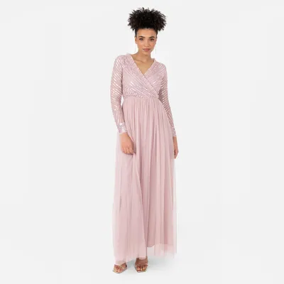 Produktbild von Damen Maxikleid Damen Verziert Wrap Tüll Rüschen V-Ausschnitt Langarm für Hochze