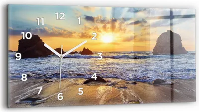 Produktbild von Wallfluent Wanduhr – Stilles Quarzuhrwerk - Uhr Dekoration Wohnzimmer Schlafzimmer Küche - Zifferblatt - weiße Zeiger - 60x30 cm - Sonnenuntergang am Strand