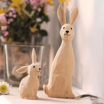Produktbild von Hasenfigur "Hasenmutter mit Kind" im 2er Set, Osterdeko aus Holz, 11 + 20 cm hoch, Osterhase Deko Figur, Osterfigur sitzend