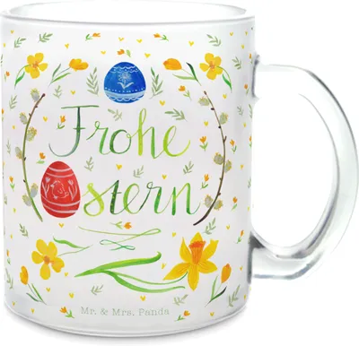 Produktbild von Mr. & Mrs. Panda Kakaotasse Ostern Frohe Ostern - Transparent - Geschenk, Bemalte Ostereier, Ostergrüße, Trinkglas, Osterblume, Teeglas, Osterei, Tee Tasse, Teetasse