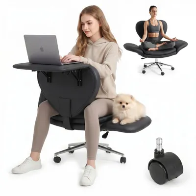 Produktbild von Bürostuhl Gamingstuhl mit Teddybezug, drehbar, mit klappbarer Tischplatte und Rollen, für Arbeitszimmer, Schwarz