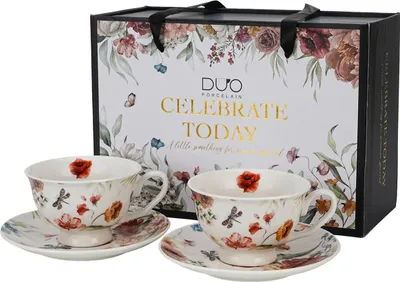 Image de DUO | Tasse à café - Tasse - 250 ml - Lot de 2 - Motifs floraux colorés - Soucoupe - Dans un coffret cadeau