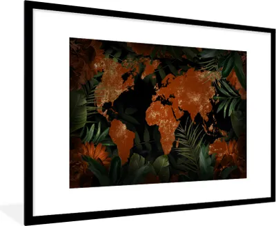 Produktbild von MuchoWow® MuchoWow® Gerahmtes Poster Weltkarte - Gold - Pflanzen 90x60 cm - Poster mit zchwarzem Bilderrahmen - Wanddekoration - Fotos