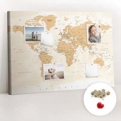 Obrázek produktu pro Korková nástěnka s kolíčky - Tabule s kolíky pro fotografie a poznámky - 100x70 cm - Připínáčky kovové 100 kusů - Politická mapa světa
