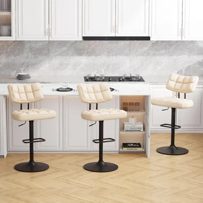Immagine prodotto di Set di 3 sgabelli da bar, regolabili in altezza, rivestiti in ecopelle beige, girevoli a 360°, con schienale e poggiapiedi