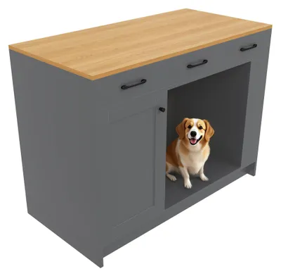Immagine prodotto di okwish Isola da cucina, mobile da cucina con cassetto e ripiano per le radici, carrello di servizio con animale domestico, grigio legno