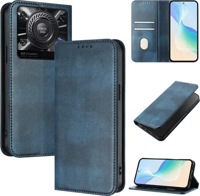Produktbild von Handyhülle für Oukitel C60, Vintage Leder RFID Schutz Kartenfach Standfunktion Magnetische Klapphülle Blau