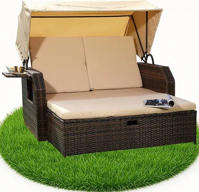 Produktbild von Mucola Strandkorb Rattan Sonnenbett mit verstellbarem Dach Polyrattan Sonnenliege Liegebett Relaxliege Gartenliege Gartenmöbel - Braun