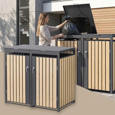 Produktbild von ML-Design Mülltonnenbox 2er für 2 Tonnen 240L 132x80x120 cm Anthrazit-Lärchenoptik, Stahl, wetterfest/abschließbar