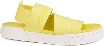 Produktbild von Puma Cali Sandalen Neongelb mit elastischen Riemen, runder Spitze und flacher Sohle
