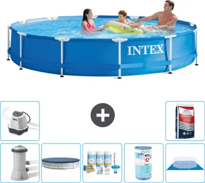 Produktbild von Intex Rundrahmen-Schwimmbecken – 366 x 76 cm – Blau – inklusive Pumpe Abdeckung - Wartungspaket - Filter - Bodenplane - Salzwassersystem - Poolsalz