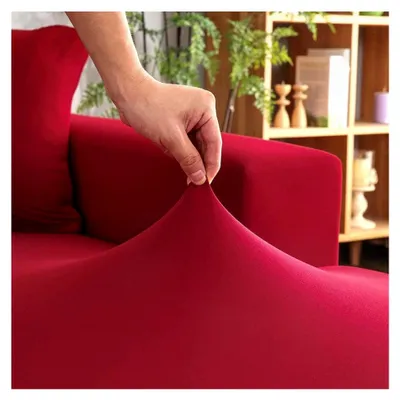 Produktbild von L-Form Sofabezug für 3+2-Sitzer, elastischer Ecksofaüberzug in Burgund