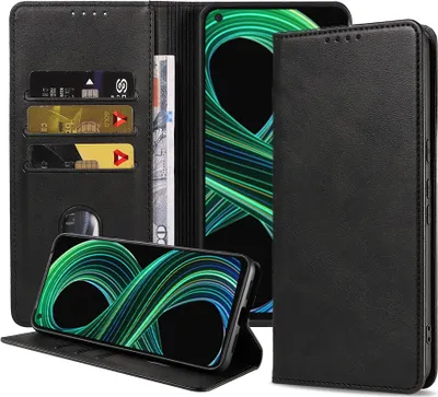 Produktbild von Smartphonica Handytasche geeignet für Realme 8 5G Kunstlederhülle mit Magnetverschluss und Kartenhalter Buchhülle mit Klappe - Schwarz
