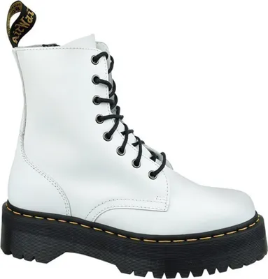 A white Dr. Martens Jadon boot with a black platform sole and black laces, shown against a white background.
