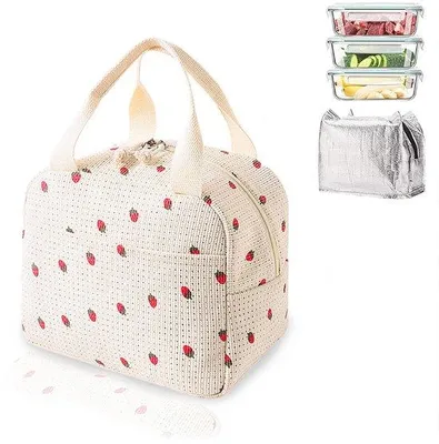 Produktbild von YYUEZHI Isolierte Lunch-Tasche für Damen, kleine Kühltasche aus Cord, Lunchbox-Tasche, tragbare Isoliertasche, 6,5 l, faltbar, für Erwachsene, Kinder, Picknicks, Schule, Büro, Reisen (Erdbeere, Beige)