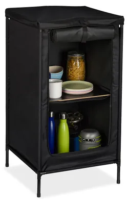 Productafbeelding van Relaxdays campingkast, met 2 planken, afmetingen (hoogte x breedte x diepte): 87 x 47,5 x 47,5 cm, materiaal: stof en metaal, campingkast, opbergruimte in de voortent, kleur: grijs, AI-gegenereerde afbeelding