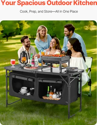 Produktbild von Camping Küchentisch klappbarer Kochtisch Outdoor, 3-fach höhenverstellbar, tragbare Kochstation aus Aluminium mit Organizer & Tragegriff, für Grillpartys Picknicks Wohnmobilreisen Schwarz