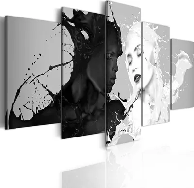 Produktbild von Leinwandbilder Abstrakt 200x100 cm Vlies Leinwandbild 5 tlg Kunstdruck modern Wandbilder XXL Wanddekoration Design Wand Bild - schwarz weiß Gesichter Frau Mann Kaffee Milch 020103-2