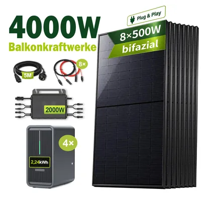 Produktbild von GreenSun Solar® 1000W Balkonkraftwerk mit Speicher 2240 Wh PV-Eingang 2*800W