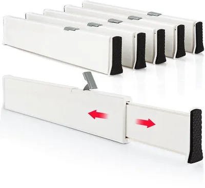 Obrázek produktu pro Unyqoos® Nastavitelné děliče do zásuvek (sada 6 kusů) z ABS plastu, délka 34–56,2 cm, výška 6,3 cm – nastavitelné vnitřní organizéry do zásuvek pro kuchyň, koupelnu a ložnici