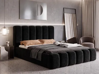 Produktbild von Polsterbett 180x200 mit Bettkasten VELARO, Stauraum und Metall-Lattenrost – Bouclé Stoff Schwarz