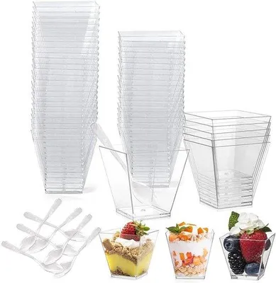 Produktbild von Plastik-Set mit 50 Dessertgläsern, 60 ml - Herstellbare Dessertgläser für zu Hause und Picknick, inkl. Löffeln - Waschmaschinenfest - Dessert-Service für Desserts und Picknick.