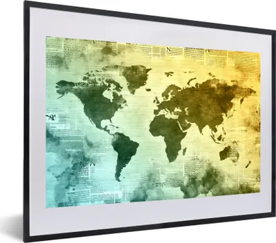 Produktbild von MuchoWow® MuchoWow® Gerahmtes Poster Weltkarte - Blau - Gelb 60x40 cm - Poster mit zchwarzem Bilderrahmen - Schlafzimmer - Plakat in Rahmen - Drucken