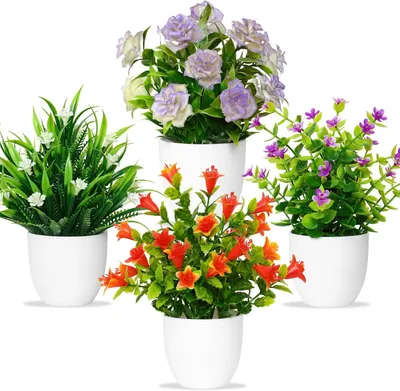 Image de Ensemble de plantes artificielles, 4 pièces, vertes avec des pots blancs, 20 cm, pour intérieur