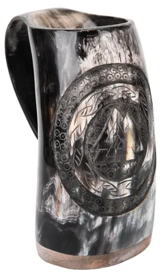 Produktbild von Hornbecher, Bierkrug mit Holzboden und Valknut-Motiv Nr.1