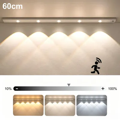 Produktbild von 60cm LED Unterbauleuchte mit Bewegungsmelder – Akku Schrankbeleuchtung mit PIR- & Lichtsensor, 3000–6000K, stufenlos dimmbar, USB-C, kabellos, Silber.