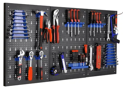 Produktbild von Metall-Werkzeugwand, dreiteilige Lochwand mit 17-teiligem Haken- und Halter-Set, 118 x 59,5 x 2 cm