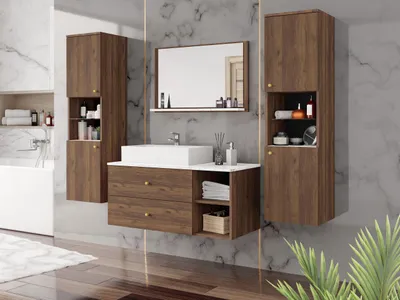 Produktbild von MIRJAN24 Badmöbel Kertos III, 5er-Set Badmöbel-Set, Spiegel, Waschbeckenschrank, Waschbecken, Aluminiumgriffe, Spihon (Farbe: Nuss Warmia / Nuss Warmia Rillen + Marmor Bianco)
