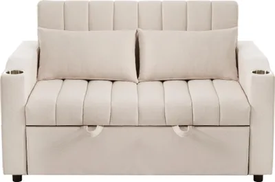 Produktbild von Merax Schlafsofa, mit Schlaffunktion, 2-Sitzer Bettsofa mit verstellbarer Rückenlehne, Getränkehalter, Couchgarnitur, Wohnzimmersofa, Beige