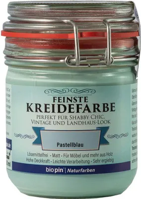 Produktbild von BioPin Premium Naturfarbe feine Kreide Pastellblau 325ml | lösemittelfreie Kreidefarbe mit hoher Deckkraft | matte Vintagefarbe für Möbel, Wände & Deko im Shabby-Chic-Stil | leicht verarbeitbar
