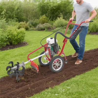 Zdjęcie produktu dla Spalinowy kultywator ogrodowy – mini 4-suwowa glebogryzarka – prowadzona ręcznie – 3 w 1: glebogryzarka/kultywator/pług – metalowa